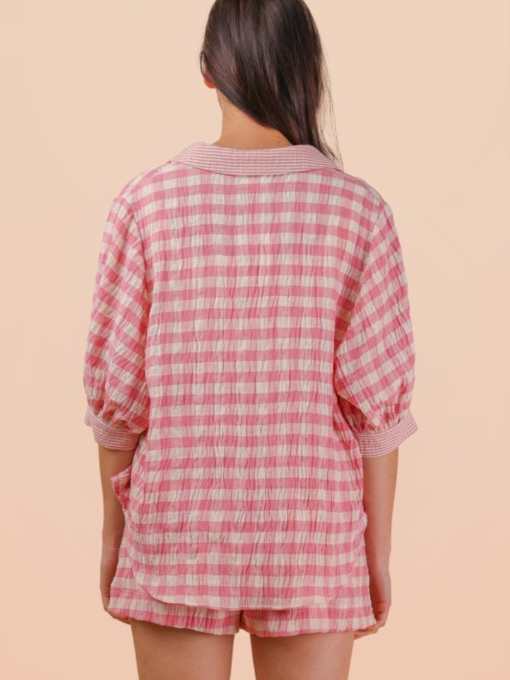"The Kristina" Pink Gingham Checkered Shirt Top & Shorts Set - Picture 3 of 4